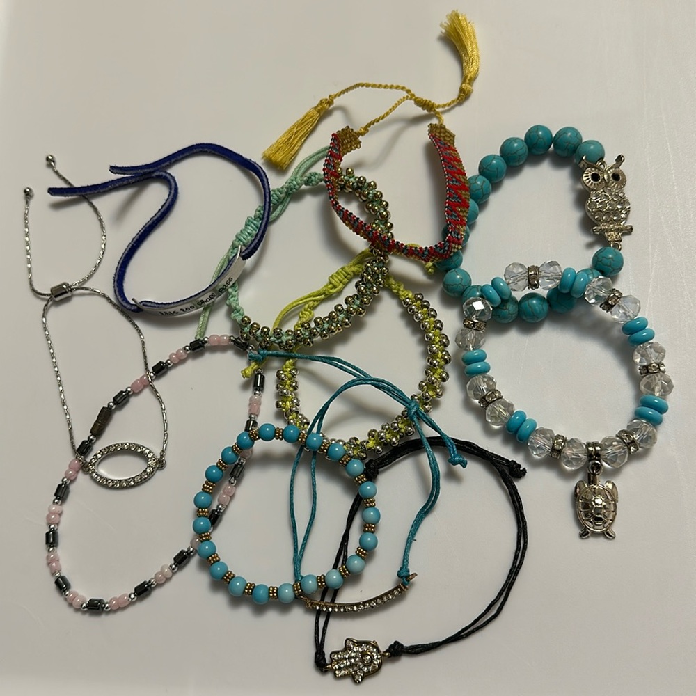 Lot of 11 Handmade Bracelets - Blue Leather Wrap Hand Stamped & Beaded